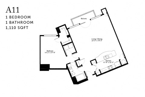 Floor plan for 1 bed, 1 bath, 1110 sqft